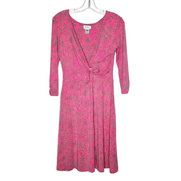 Lilly Pulitzer Danni Dress Small Pink Hidden Kitten Lion Faux Wrap Beachy Party - Picture 1 of 5